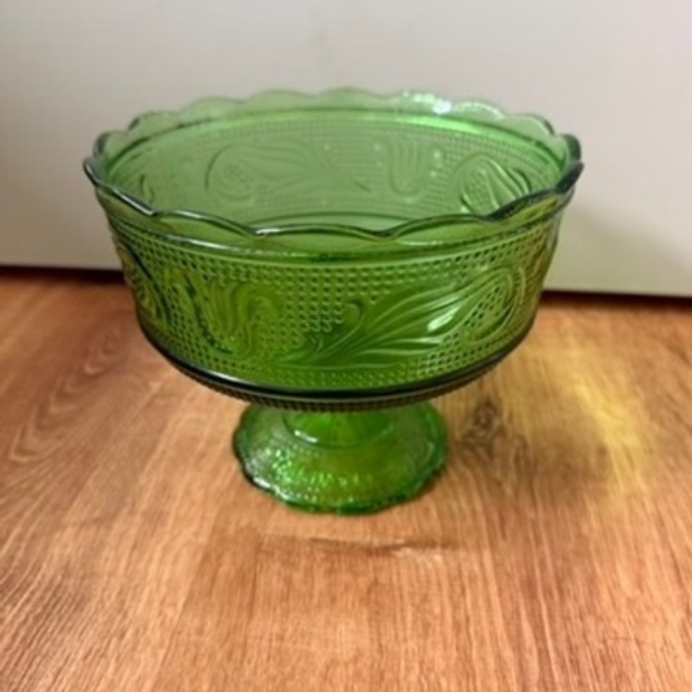 Vintage E.O. Brody M6000 Green Glass Compote Pedestal Bowl Tulip USA